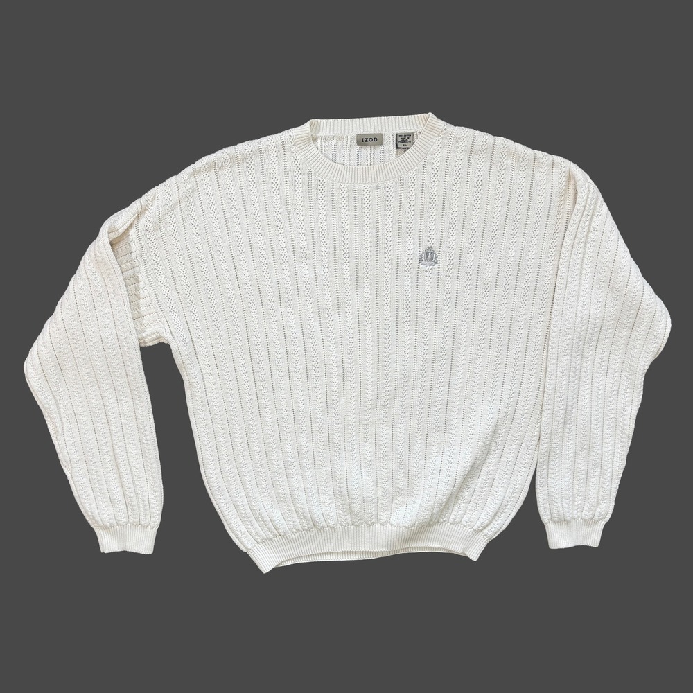 VTG IZOD Ivory Cable Knit Cotton‎ Fisherman Sweater Mens XXL Embroidered Crest - Picture 2 of 6
